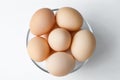 Brown Hen eggs in glass bowl on white table. Fresh farmer`s egg. Royalty Free Stock Photo