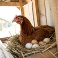 Brown Hen with Eggs in Nest Ã¢â¬\' Farm Life Isolated Royalty Free Stock Photo