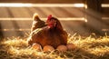 Brown hen resting on straw in a rustic barn, surrounded by freshly laid eggs, illuminated by warm sunlight filtering through Royalty Free Stock Photo