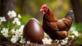 Brown hen standing near a large chocolate Easter egg with white flowers in a garden setting Royalty Free Stock Photo
