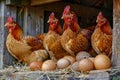 Brown hens resting on bed of straw next to freshly laid eggs in a rustic setting during the day Royalty Free Stock Photo
