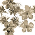 Brown Hibiscus Illustration. Colorless Watercolor Backdrop. Gray Seamless Plant. Flower Set Pattern Print. Tropical Set. Summer Ba