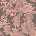 Brown Hibiscus Set. Coral Flower Foliage. Gray Seamless Palm. Watercolor Background. Pattern Plant. Pink Tropical Leaves. Exotic B Royalty Free Stock Photo