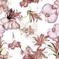 Brown Hibiscus Texture. Gray Flower Leaf. Colorless Watercolor Garden. Floral Print. Seamless Decor.Pattern Print. Tropical Painti