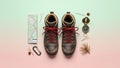 Brown hiking boots with red laces are centered on a pastel gradient background Royalty Free Stock Photo
