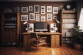 A brown home office with wooden flooring, a white desk, a computer, a bookcase, and blank photo-covered walls in the interior. AI Royalty Free Stock Photo