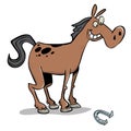 Brown horse with black spots finding a lucky horse shoe