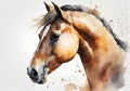 Brown horse head on white and splashed brown paint background, watercolor illustration. Royalty Free Stock Photo