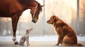 brown horse looking to a brown and a white dog sitting in front Royalty Free Stock Photo