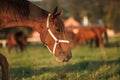 Brown horse on pasture in animal farm