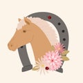 Brown horse portrait in a horseshoe with flowers