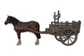 Brown horse pulling an old medieval wooden cart. 3D rendering isolated