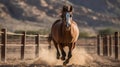 Playful Brown Horse Running in Dusty Corral