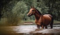 a brown horse standing in a river next to a lush green tree filled forest on top of a lush green field covered in grass and water Royalty Free Stock Photo