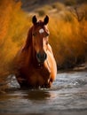 A brown horse standing in a tranquil river surrounded by lush green grass and bushes, AI generated Royalty Free Stock Photo