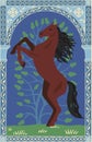 The brown horse stands on its hind legs. Painting in oriental style