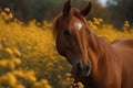 Brown Horse With A White Blaze Standing In A Field Of Yellow Flowers. Generative AI Royalty Free Stock Photo