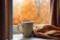 Brown hot mug scarf window. Generate AI