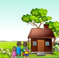 Brown House With Hippopotamus Family in Grass Field Background Cartoon Royalty Free Stock Photo