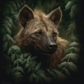 A Brown Hyena Head Wrapped In Green Leaves On A Background Of Leaves. Generative AI