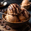 brown ice cream and sweet chocolate on wooden board