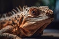 Brown iguana close-up, created with Generative AI technology.