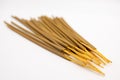 Brown indian incense aroma sticks isolated on white background close up. Set of buddhist incense stick for meditation top view Royalty Free Stock Photo