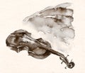 Brown ink violin sketch illustration