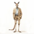 Vintage Watercolored Kangaroo Illustration In Stylish Trousers