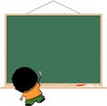 Brown kid writing on blank blackboard