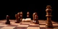 Brown king standing confront of Chessboard. New business players are facing challenges. The management or leadership, analysis,