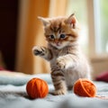 Brown kitten playing with wool ball Royalty Free Stock Photo