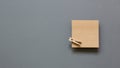 Brown kraft memo pad, empty paper with wooden clip on gray background Royalty Free Stock Photo