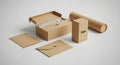 Brown kraft packaging set includes a rectangular box, a cylindrical tube, a smaller Royalty Free Stock Photo