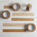 Brown kraft paper adhesive tape rolls and strips are arranged on a white surface. Royalty Free Stock Photo
