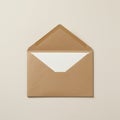 Brown kraft paper envelope with a triangular flap open, displaying a white interior. The Royalty Free Stock Photo