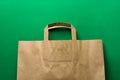Brown kraft paper grocery shopping bag on green background. Plastic-free alternatives environmental protection nature friendly