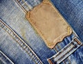 Brown label on blue jeans