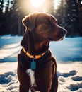 Brown labrador dog in winter snow, generative ai