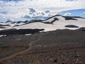 Brown lava fields and hiking trail around the volcano Eyjafjallajokull