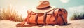 Brown leather bag and straw hat on it on sand on sea shore. Summer vacation or holiday concept. Created with generative Ai