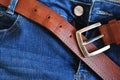 Brown Leather Belt and Blue Jeans Close Up Royalty Free Stock Photo