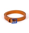 Brown Leather belt for men and women with blue buckle on white background