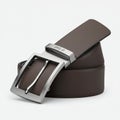 Brown leather belt with a sleek, rectangular metallic buckle, engraved with \