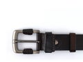 dark brown leather belt with silver metal buckle on white background with copy space Royalty Free Stock Photo