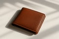 A brown leather bifold wallet sits cast in soft light and shadows on a neutral surface Royalty Free Stock Photo