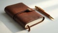 Brown leather bound notebook with a classy pen rests on a white surface. This classic duo is perfect for journaling, note taking, Royalty Free Stock Photo