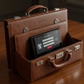 Brown leather briefcase with a digital tablet on the front pocket displaying a login Royalty Free Stock Photo