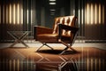 a brown leather chair in a modern office, surrounded by chrome and glass