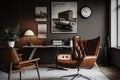 brown leather chair in modern office, surrounded by sleek black and white decor